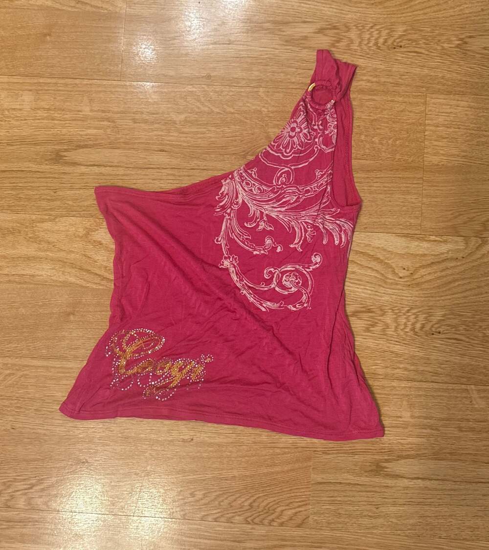 Coogi Y2K Pink One Shoulder Graphic Rhinestone  Logo Top Size L